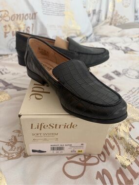 Life Stride Black Croc-Embossed Slip-On Loafers with Low Heel
